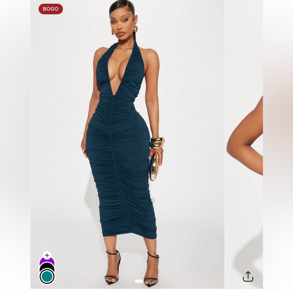 Deep V ruched midi dress